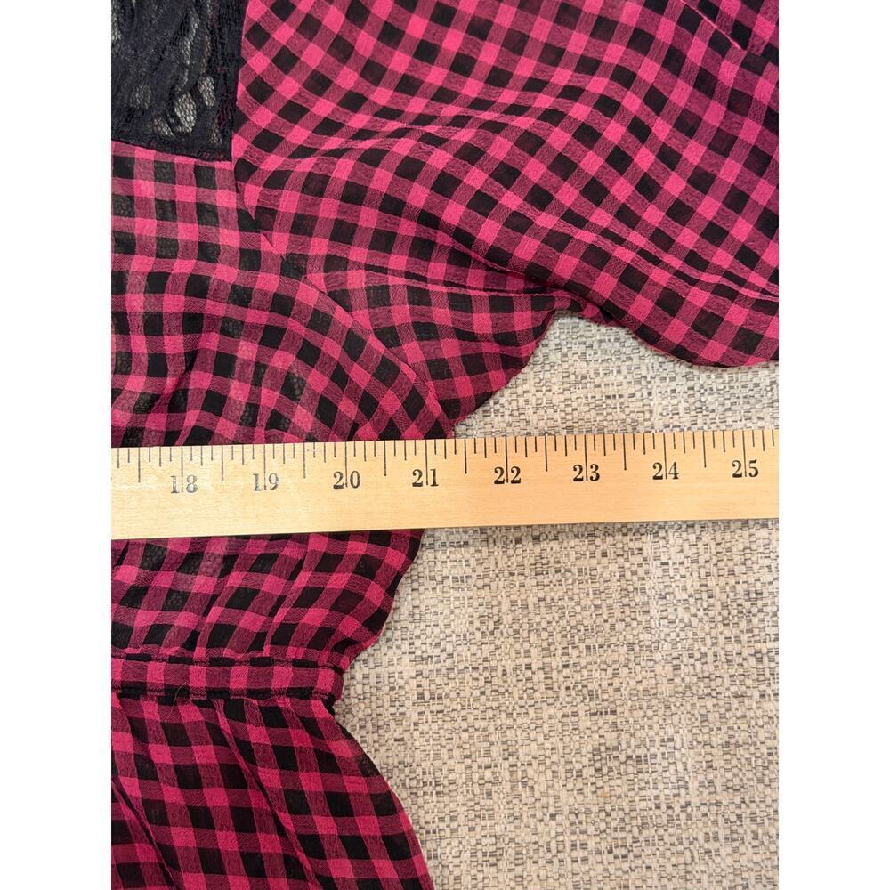 Torrid Women's Pink Black Gingham Tie Back Lace Trim Sheer Boho Top Size 0 Large - Picture 9 of 10